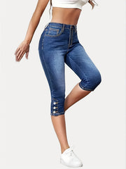 High Waist Capris Denim Jeans Single Breasted Button Slim Fit Casual Denim