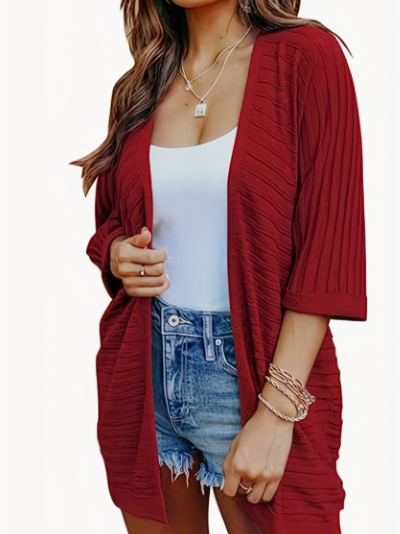 Ribbed Knit Cardigan 3/4 Sleeve Sweater