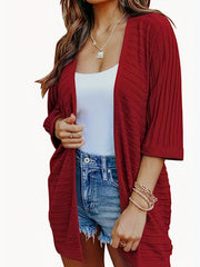 Ribbed Knit Cardigan 3/4 Sleeve Sweater