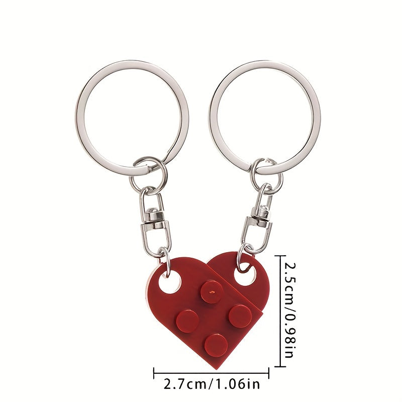 2pcs Wine Red Love Heart Building Block Keychains for Couples Friendship