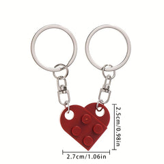 2pcs Wine Red Love Heart Building Block Keychains for Couples Friendship