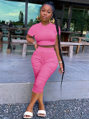 Casual 2pc Set Crew Neck Short Sleeve Crop T-shirt & High Waist Ruched Pants