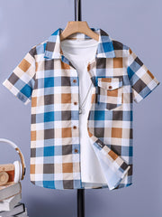 Plaid Graphic Print Boys Top Lapel Shirt Summer Outdoor