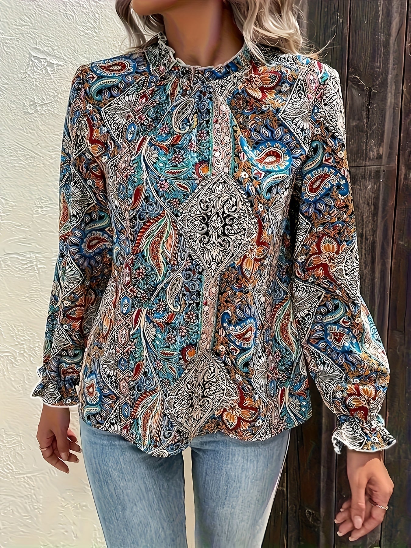 Boho Blouse Women's Paisley Floral Print Ruffle Trim Sleeve