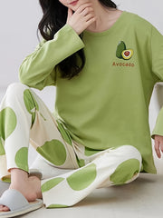 Avocado Print Pajama Set Long Sleeve Top & Pants Women's Sleepwear