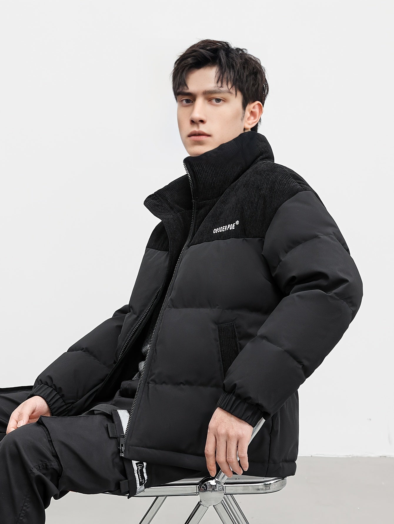 Men's Zip Corduroy Patchwork Thick Stand Colar Coat Warm Jacket