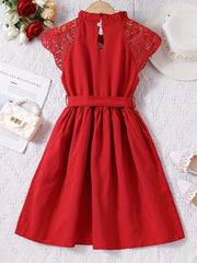 Girls Lace Princess Dress Frill Trim Neck Party Beach Vacation Summer Cloth