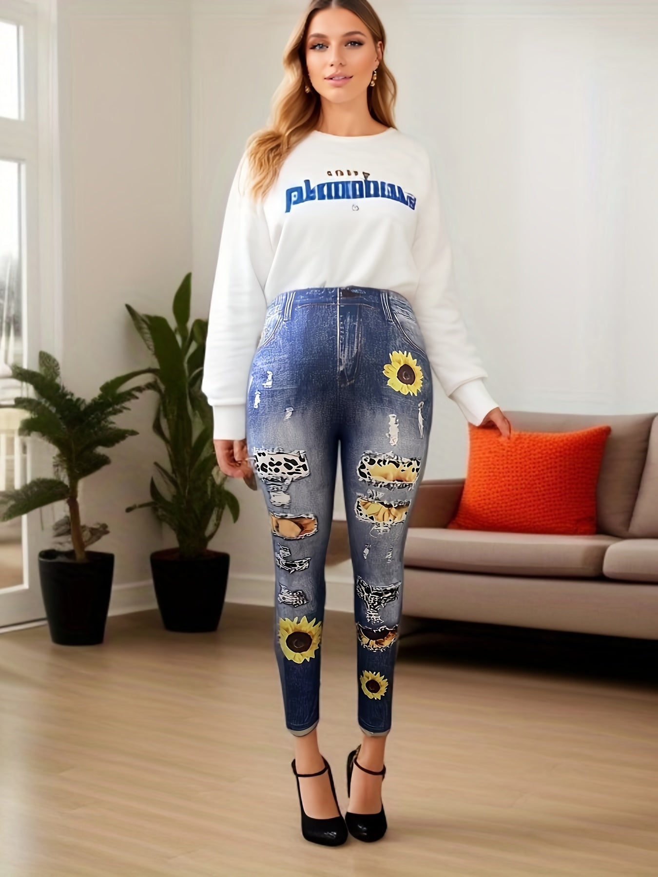 Denim & Sunflower Print High Waisted Leggings
