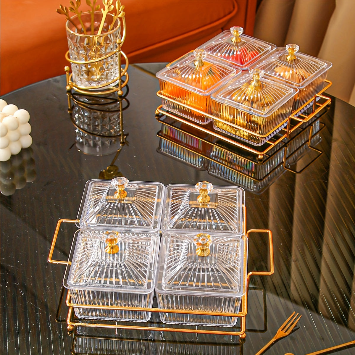 Divided Serving Dishes w/ Metal Platter & Removable Bowls for Appetizer Dip