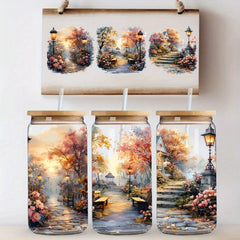 4pcs Scenic Park UV DTF Vinyl Paper for Glass Jars