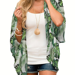 Leaf Print Cover Up Shirt V Neck Loose Fit Half Sleeves Non Stretch