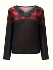 Colorblock Gingham Print Lace Blouse