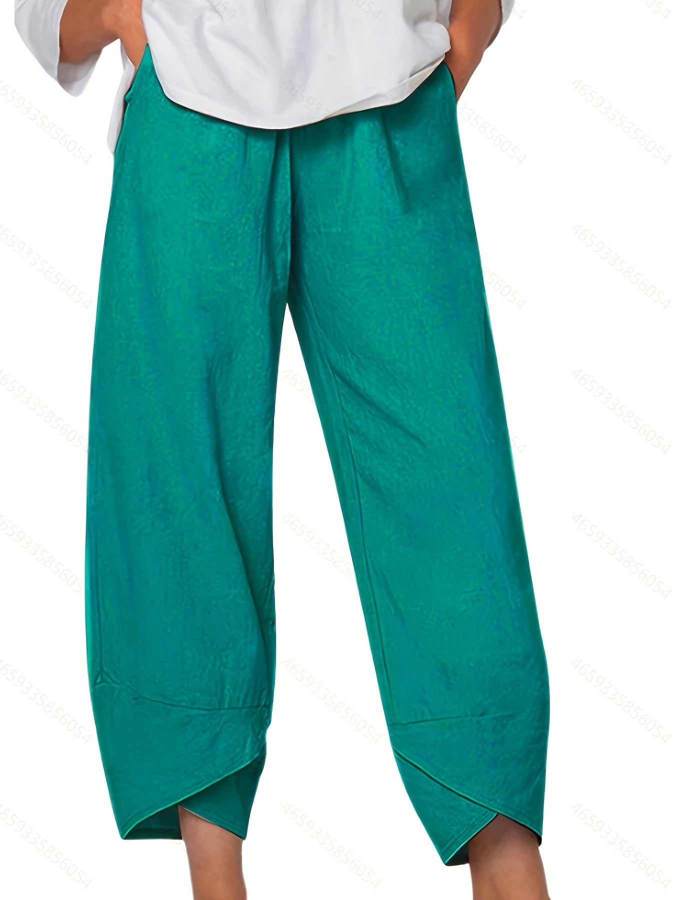Solid Casual Elastic Waist Summer Pants With Pockets
