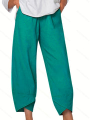 Solid Casual Elastic Waist Summer Pants With Pockets