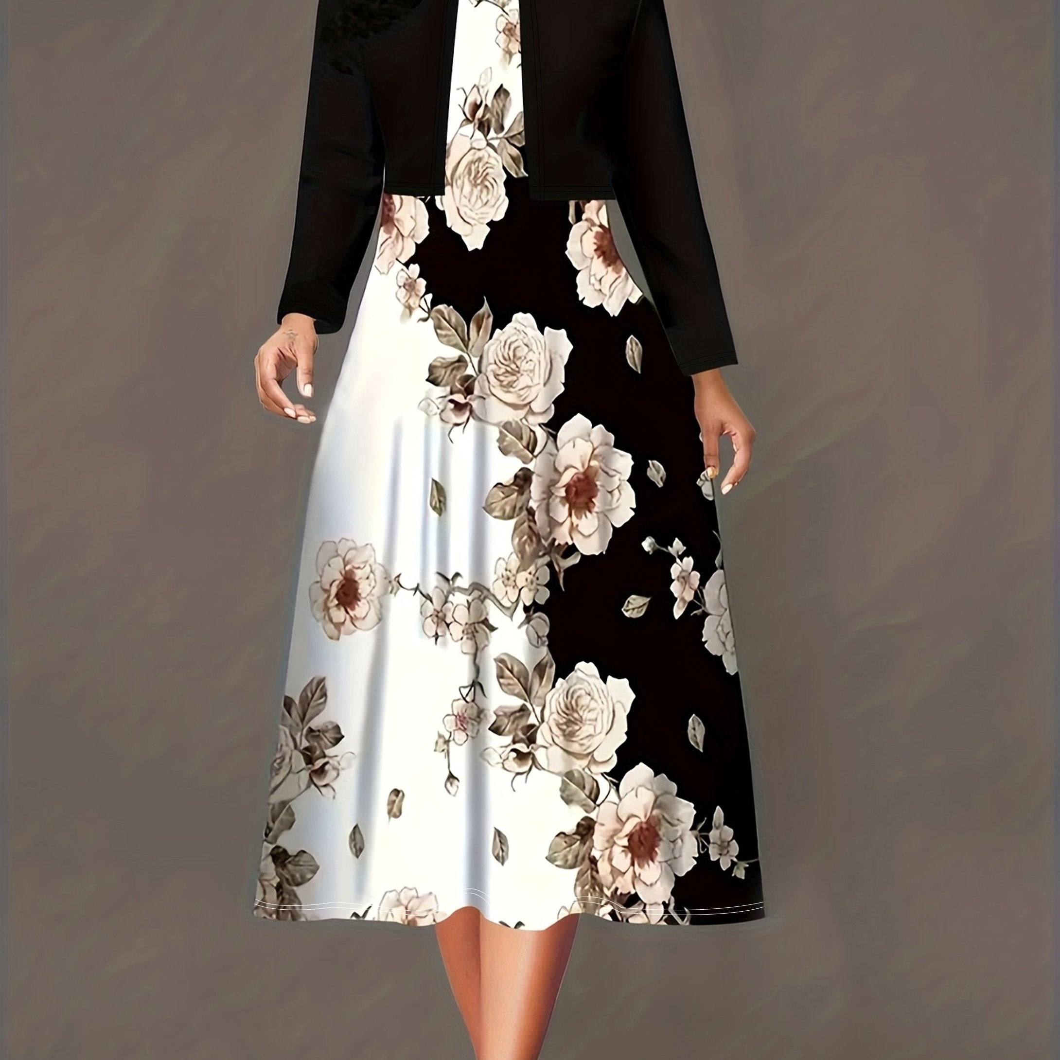 Colorblock Floral Print Dress & Cardigan Set