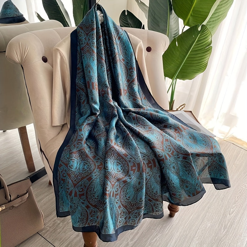 Vintage Floral Print Large Scarf Dark Green Satin Shawl Silk