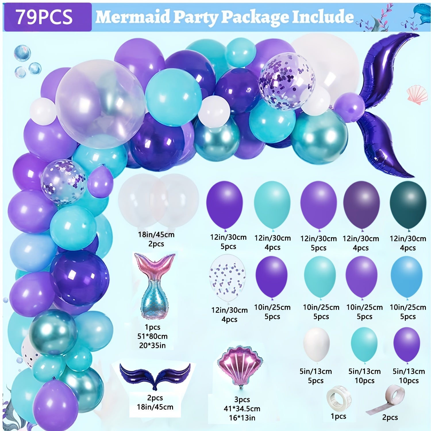 79pcs Mermaid Birthday Decorations Balloon Garland Kit For Girls Party