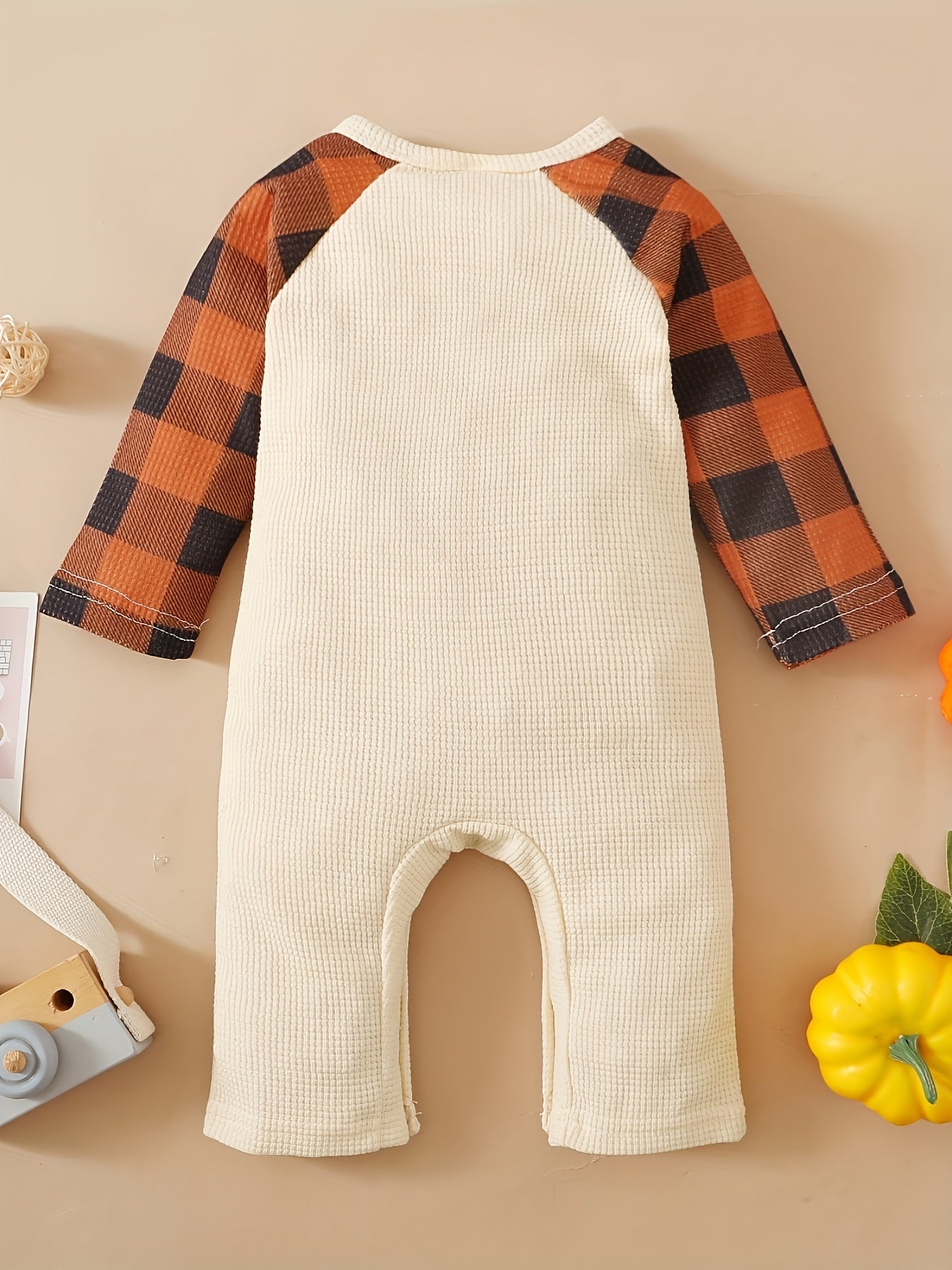 Baby Boy Halloween Plaid Pumpkin Embroidered Romper Outfit