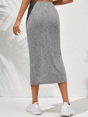 Ribbed Button Front High Waist Midi Skirt