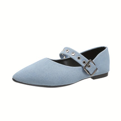 Women's Denim Buckle Flat Shoes Pointed Toe Slip On Casual Solid