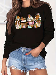 Christmas Coffee Print Loose Sweatshirt Casual Long Sleeve