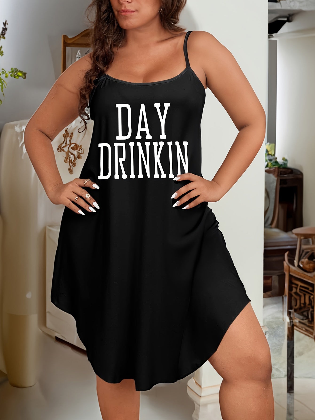 Plus Size Sexy Nightdress Women's Plus Letter Print Round Neck