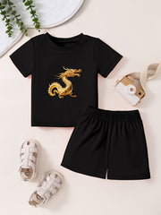 Toddler Dragon Cartoon Print T-shirt & Shorts Set