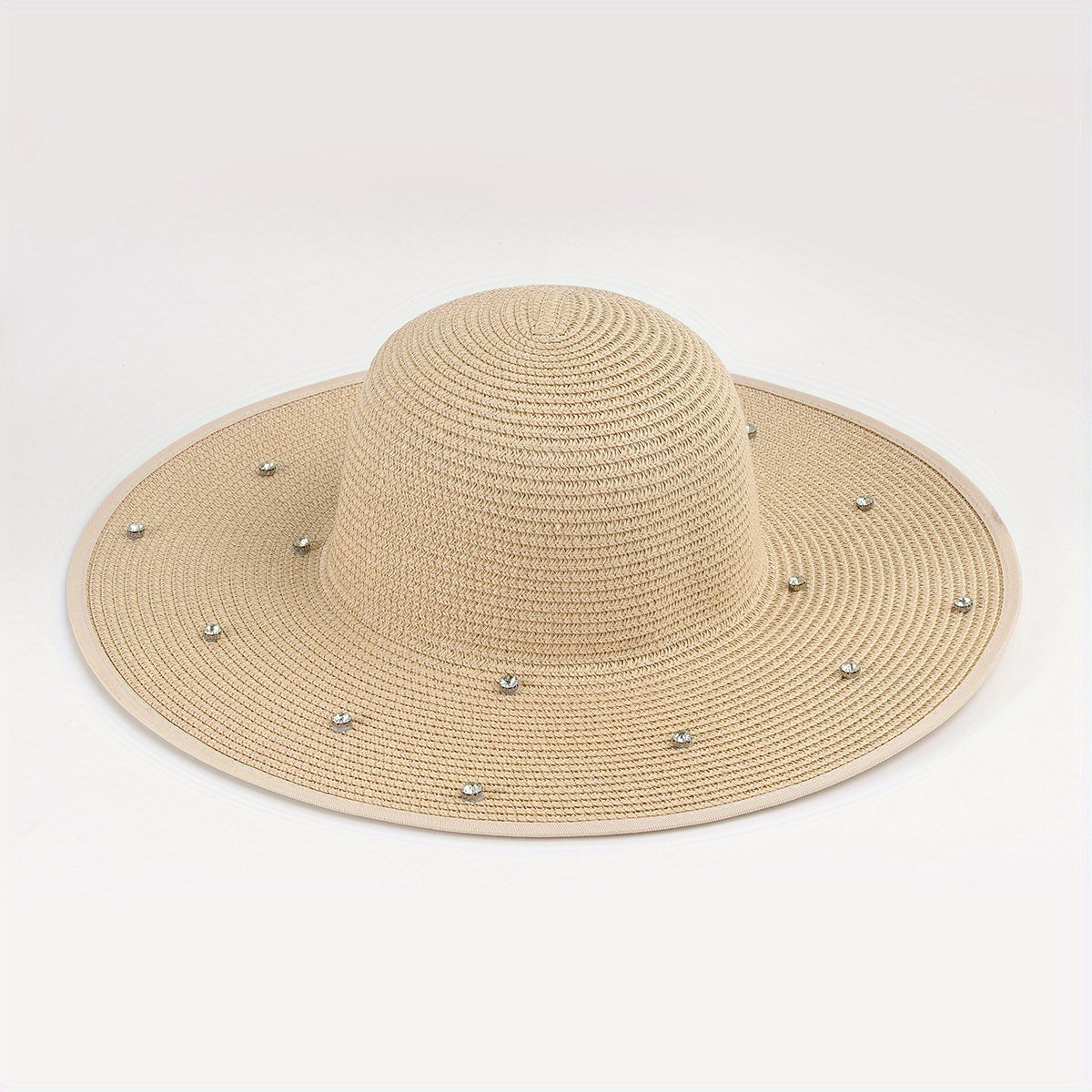 Rhinestone Decor Wide Brim Straw Bucket Hat