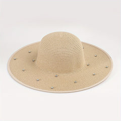 Rhinestone Decor Wide Brim Straw Bucket Hat