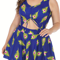 Feather Print Knot Cut Out Round Neck One Piece Swimsuit