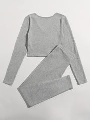 Long Sleeve V Neck Top & Lace Up Pants Lounge Set