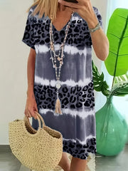 Tie Dye Colorblock Leopard V Neck Dress
