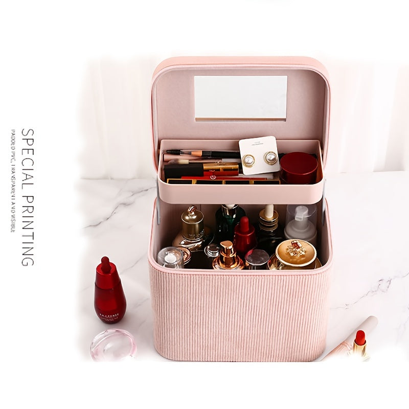 Corduroy Makeup Organizer With Foldable Tray & Handle