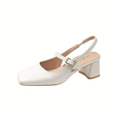 Chunky Heeled Sandals Square Toe Patent Leather Slingback Mary Jane Mid Heels