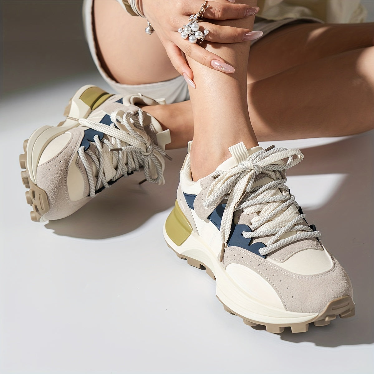 Women's Colorblock Non-Slip Sneakers Lace Up Platform Sport Shoes