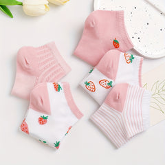 5 Pairs Strawberry Print & Striped Ankle Socks Women's Stockings