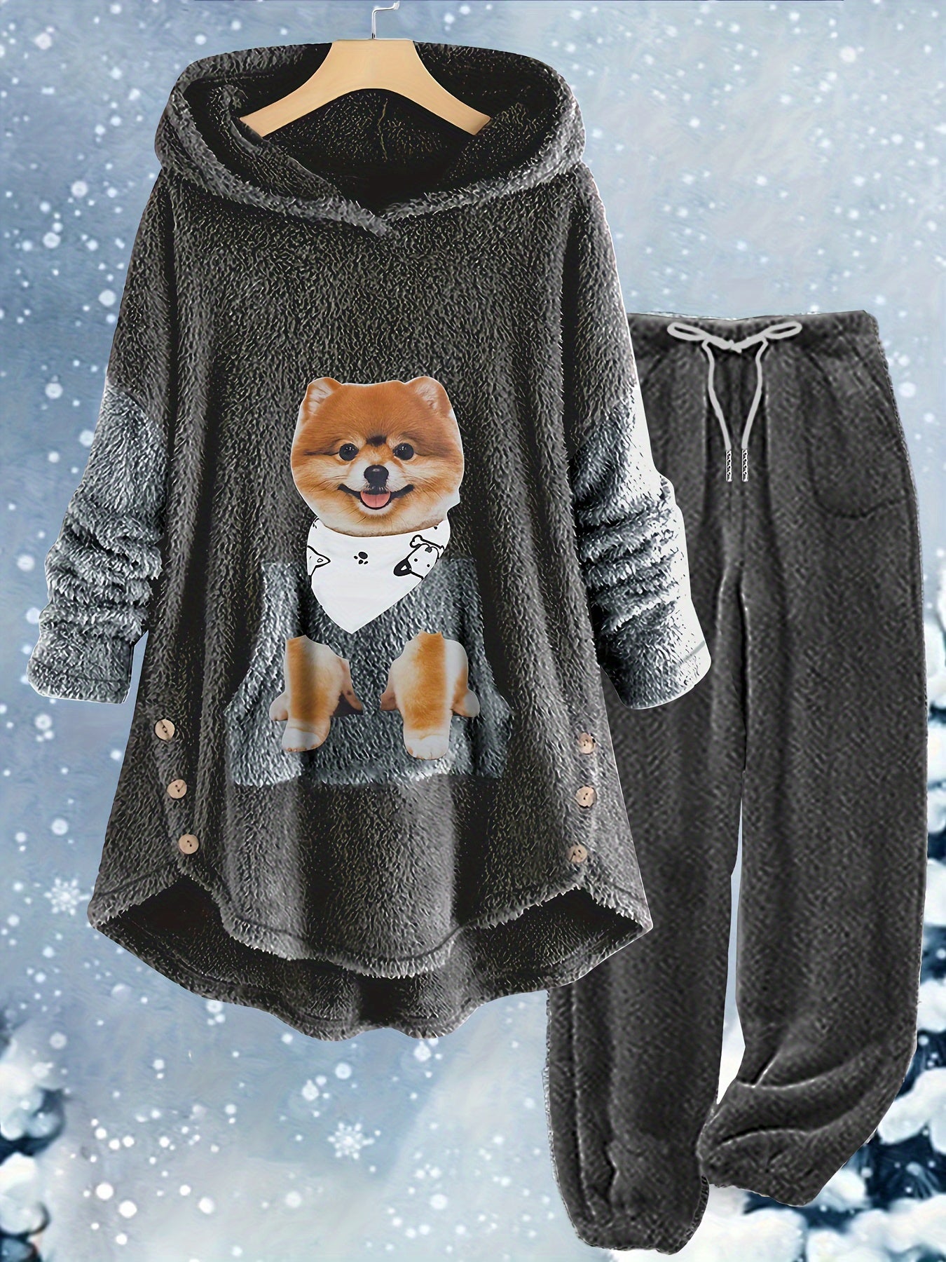 Dog Print Fleece Hoodie & Pants Set