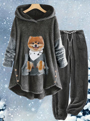 Dog Print Fleece Hoodie & Pants Set