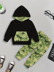 Boy's Dino Print Hoodie & Pants Set for Spring Fall