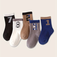 5 Pairs Boys Casual Number Graphic Print Soft Socks For Spring Summer Kids Teen