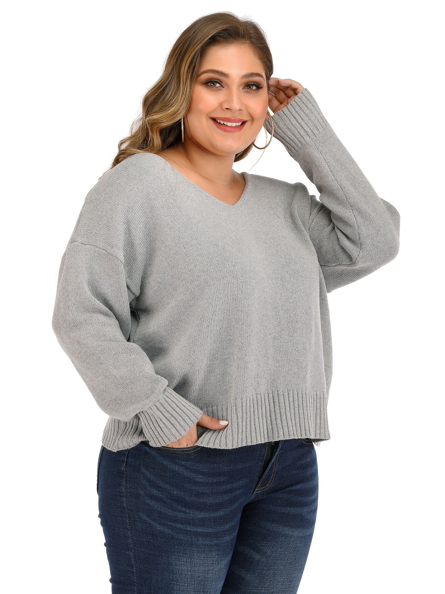 Solid V Neck Pullover Sweater Women's Plus Casual Sweater
