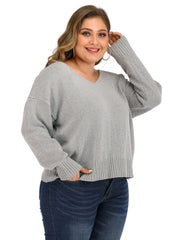 Solid V Neck Pullover Sweater Women's Plus Casual Sweater