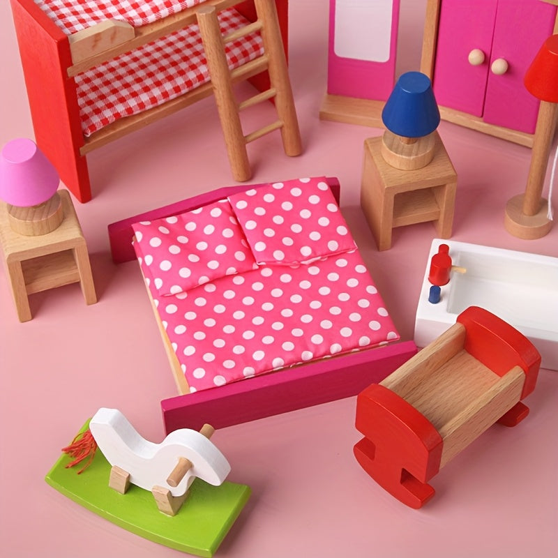 Wooden Bedroom Toys 7 Sets for Children Pretend Play Home Bedroom