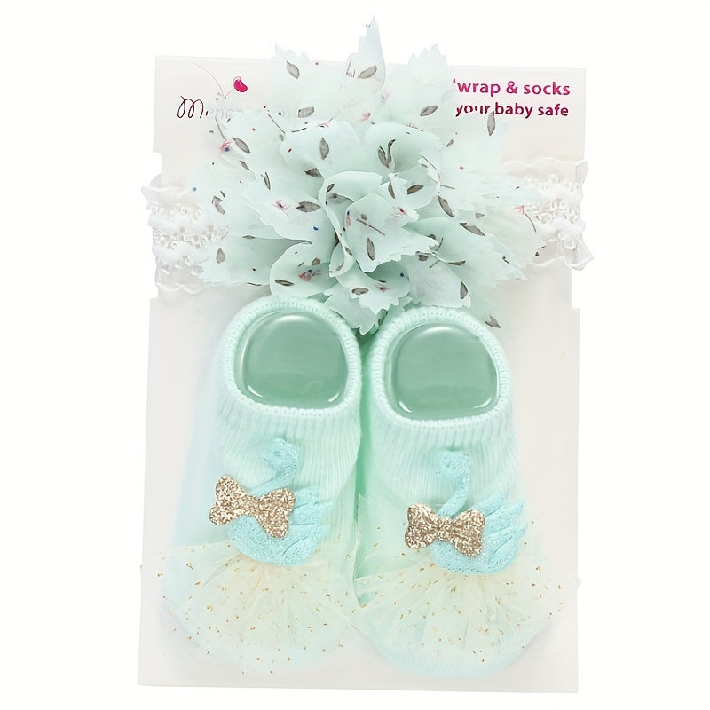 Baby Girls Mesh Socks & Headband Set Non slip Breathable Comfortable