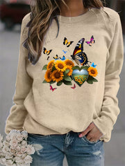 Butterfly & Sunflower Print Crew Neck Sweatshirt