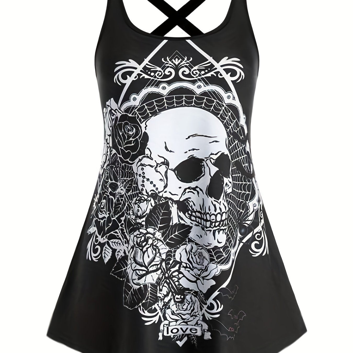 Skull & Flower Print Gothic Tank Top Sleeveless Summer Women's Clothing