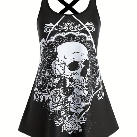 Skull & Flower Print Gothic Tank Top Sleeveless Summer Women's Clothing