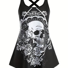 Skull & Flower Print Gothic Tank Top Sleeveless Summer Women's Clothing