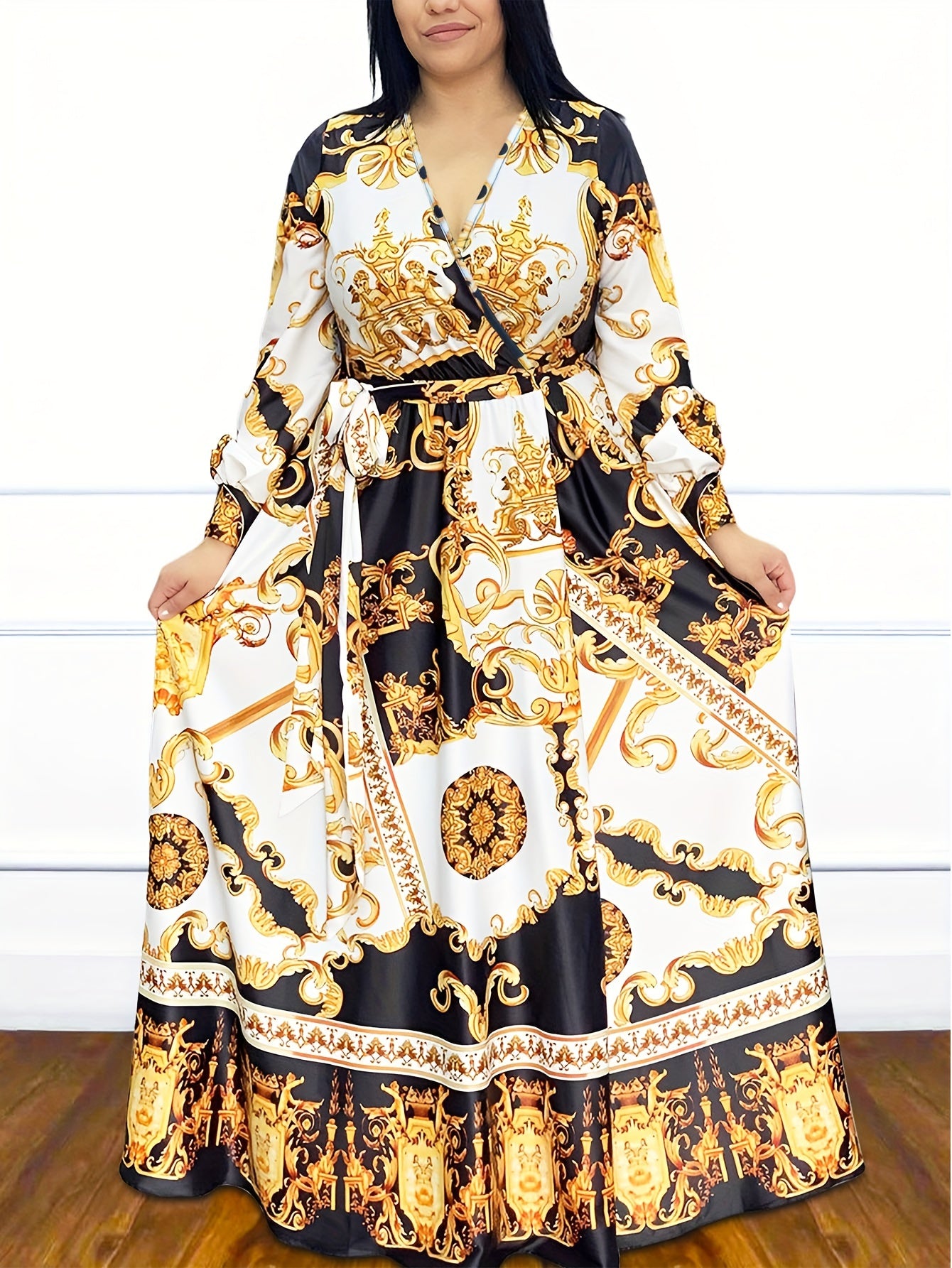 Baroque Print Maxi Dress With Belt