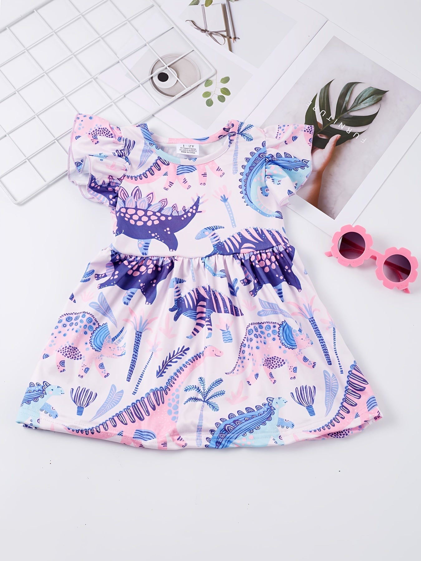 Girls Dinosaur Print Princess Dress Summer Clothes